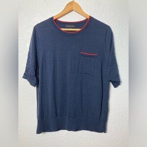 Banana Republic 100% Merino Wool navy blue crew neck sweater crinkle sleeves XL